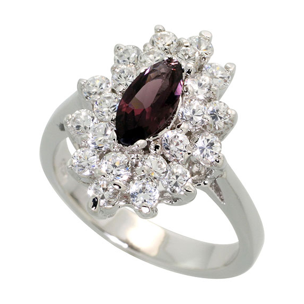 Sterling Silver Amethyst Cubic Zirconia Ring Navette Shape Rhodium finish, sizes 5 - 9