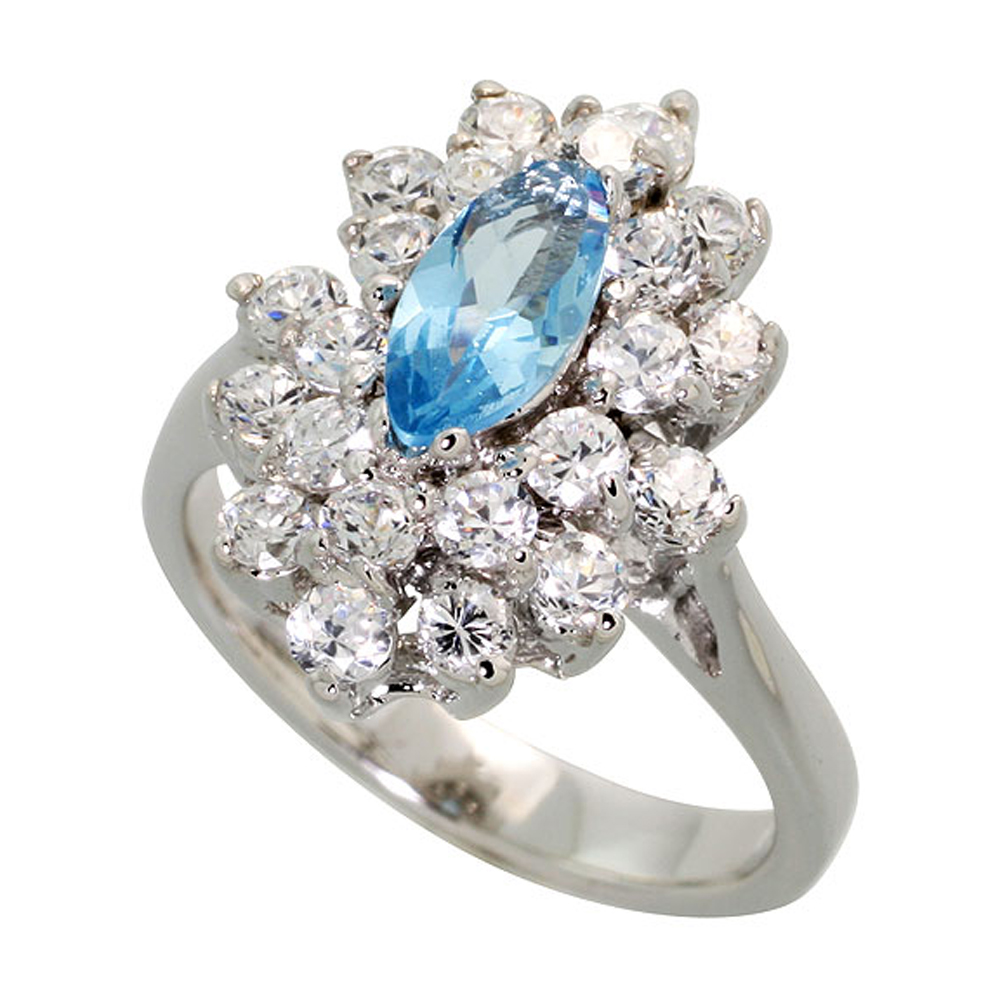 Sterling Silver Blue Topaz Cubic Zirconia Ring Navette Shape Rhodium finish, sizes 5 - 9