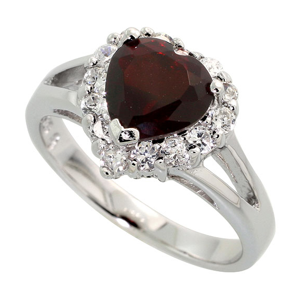 Sterling Silver Garnet Cubic Zirconia Ring Heart Shape Rhodium finish, sizes 5 - 9