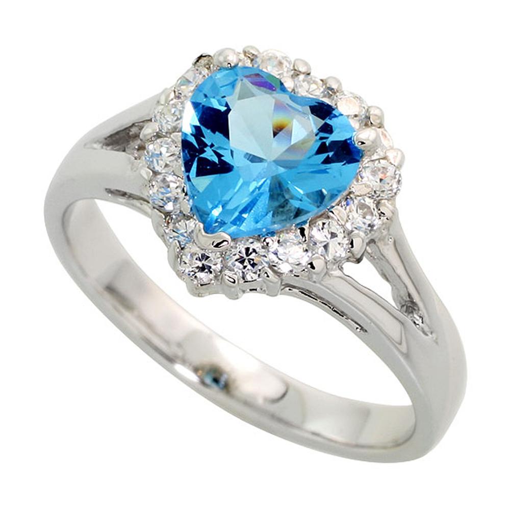 Sterling Silver Blue Topaz Cubic Zirconia Ring Heart Shape Rhodium finish, sizes 5 - 9