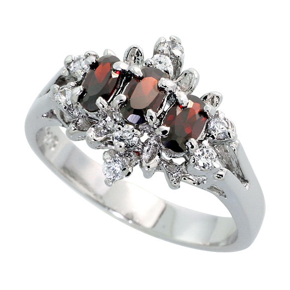 Sterling Silver Garnet Cubic Zirconia Oval Shape Ring Rhodium finish, sizes 5 - 9