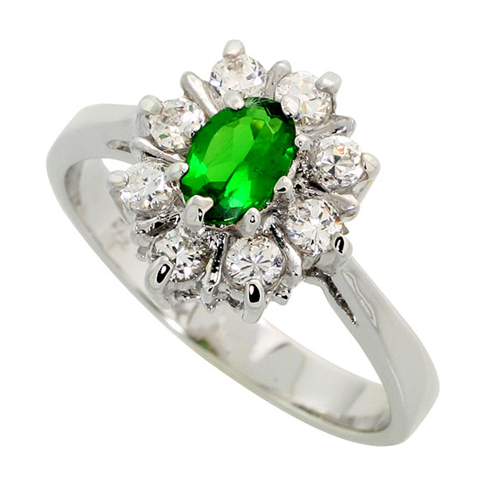 Sterling Silver Emerald Cubic Zirconia Oval Shape Ring Rhodium finish, sizes 5 - 9