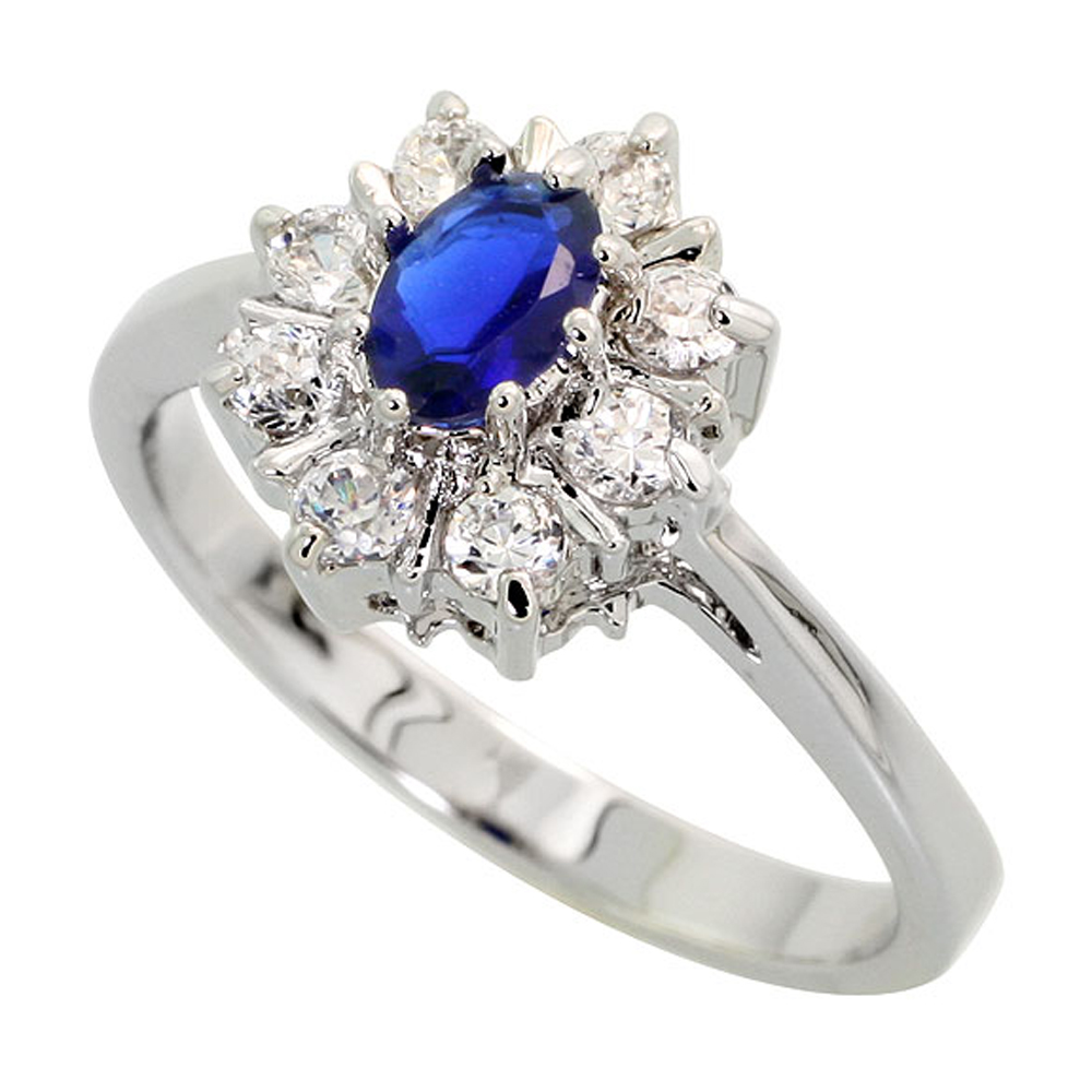 Sterling Silver Blue Sapphire Cubic Zirconia Oval Shape Ring Rhodium finish, sizes 5 - 9