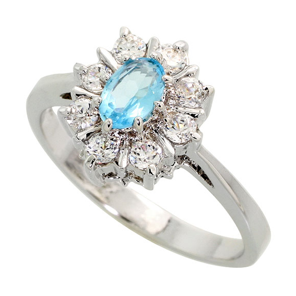 Sterling Silver Blue Topaz Cubic Zirconia Oval Shape Ring Rhodium finish, sizes 5 - 9