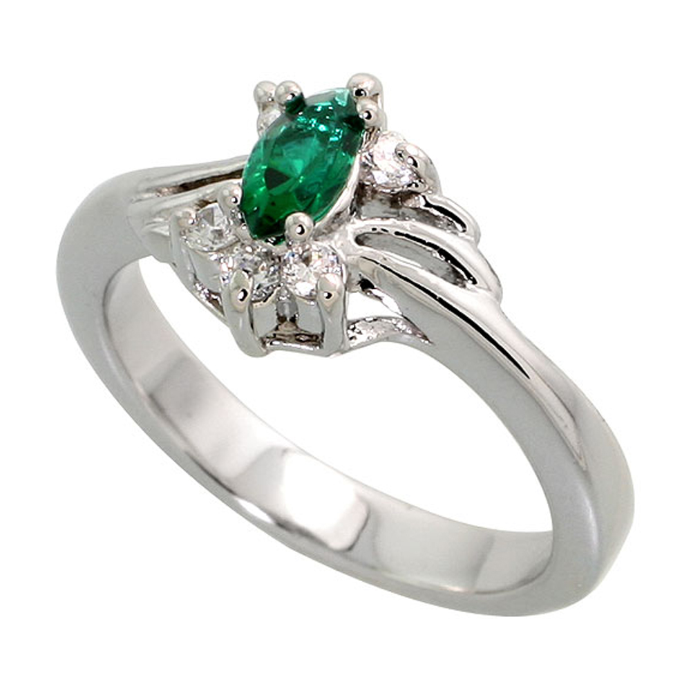 Sterling Silver Emerald Cubic Zirconia Ring Navette Shape Rhodium finish, sizes 5 - 9