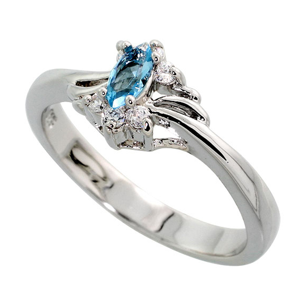 Sterling Silver Blue Topaz Cubic Zirconia Ring Navette Shape Rhodium finish, sizes 5 - 9