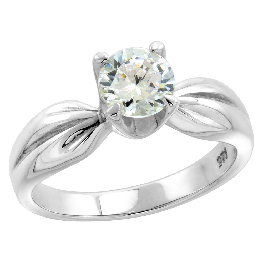 STERLING SILVER 6MM SOLITAIRE CZ RING WOMEN CRINKLED 1 CT CENTER FLAWLESS FINISH 5/16 INCH SIZES 6-10