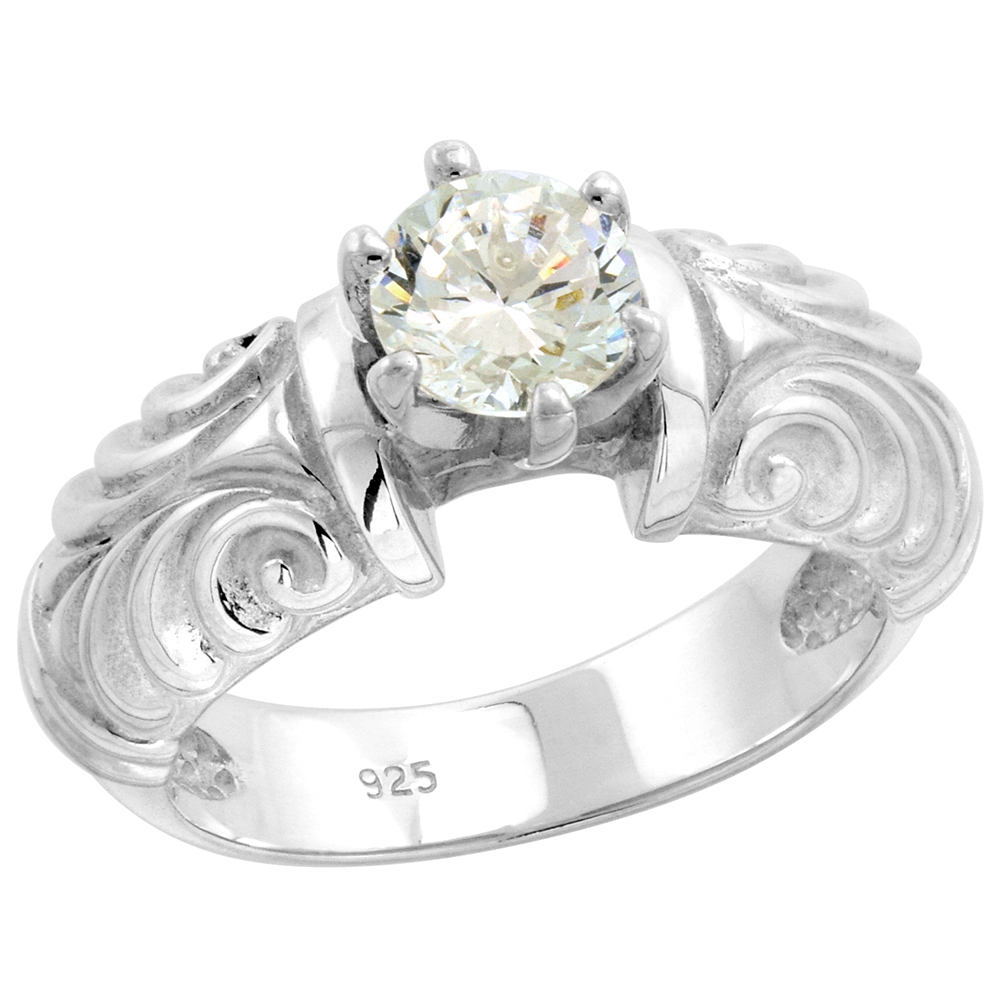 STERLING SILVER 6MM SOLITAIRE CZ RING FOR WOMEN SCROLL SHANK 1 CT CENTER FLAWLESS FINISH SIZES 6-10
