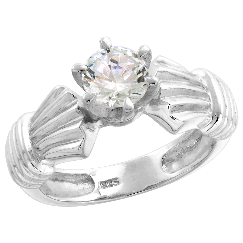 STERLING SILVER 6MM SOLITAIRE CZ RING FOR WOMEN FAN SHANK 1 CT CENTER FLAWLESS FINISH SIZES 6-10