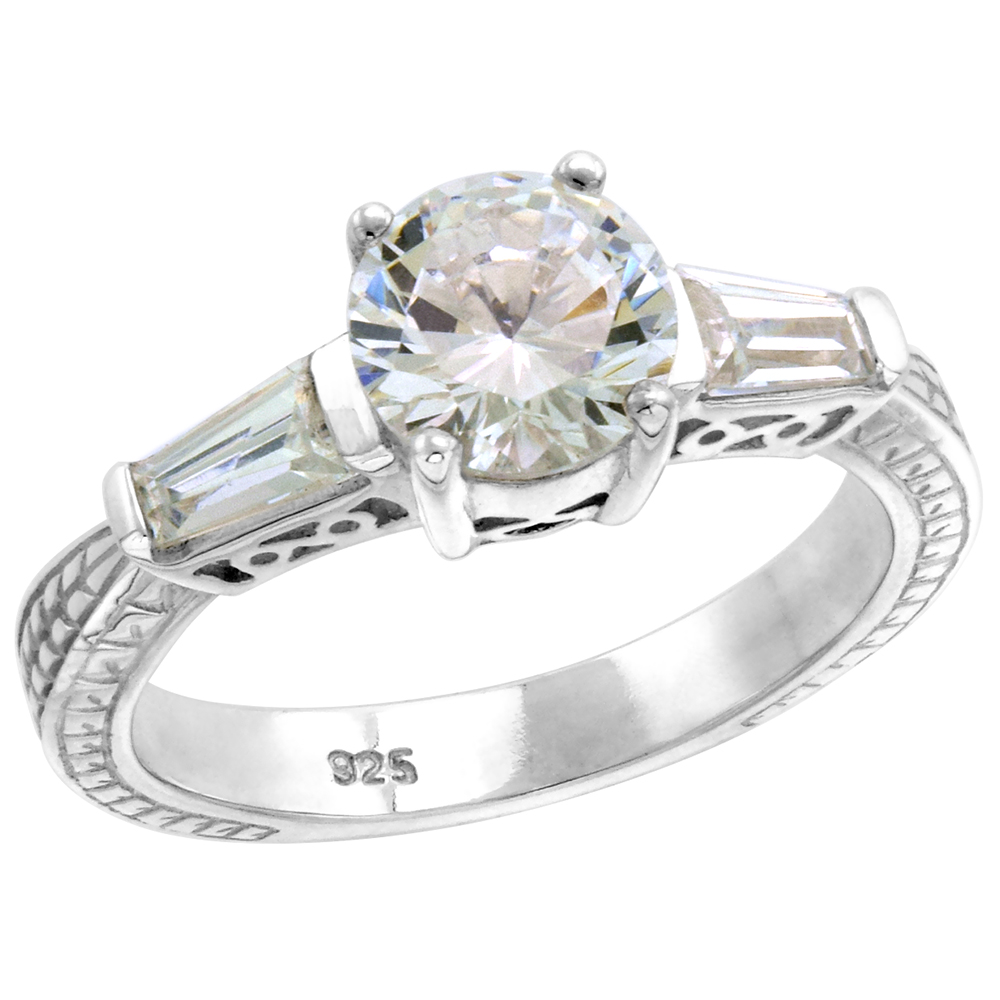 Sterling Silver 6mm CZ Tapered Baguette 3-Stone Brilliant Cut Engagement Ring Women Vintage Style sizes 6-10