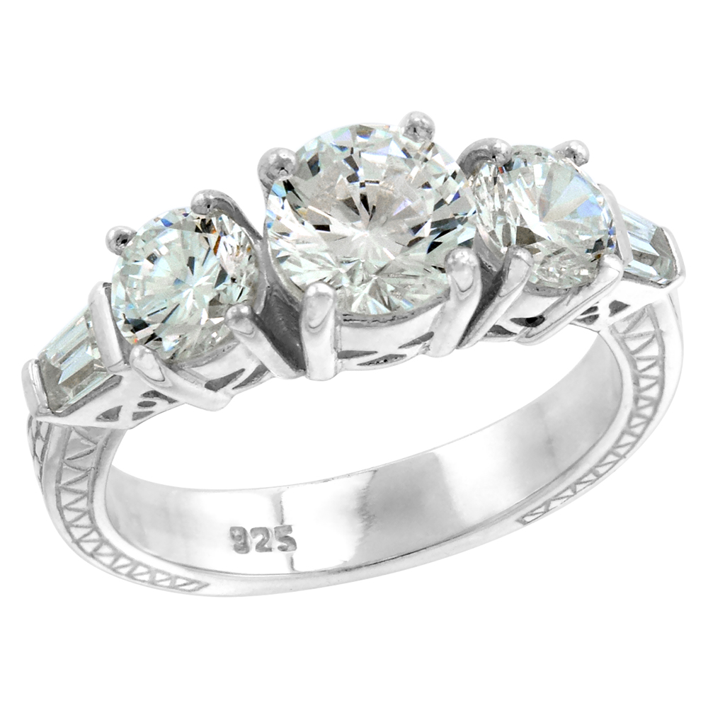 Sterling Silver 5-stone CZ Ring Women 1 ct Center Tapered Baguettes Sides Vintage Style , sizes 6-10