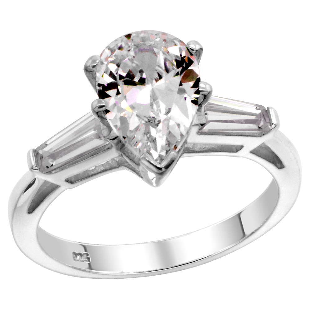 Sterling Silver CZ Tapered Baguette 3-Stone Teardrop Engagement Ring Women 1.5 ct. sizes 6-10