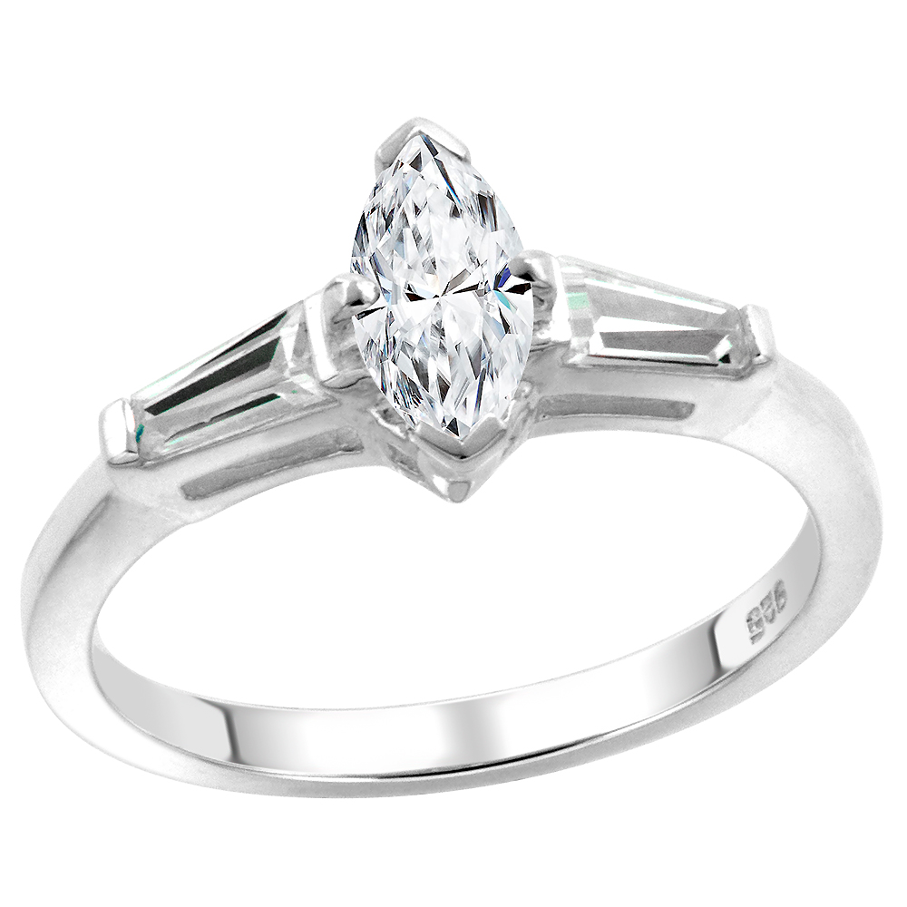 Sterling Silver CZ Tapered Baguette 3-Stone Marquise cut Engagement Ring for women 1/3 ct sizes 6-10