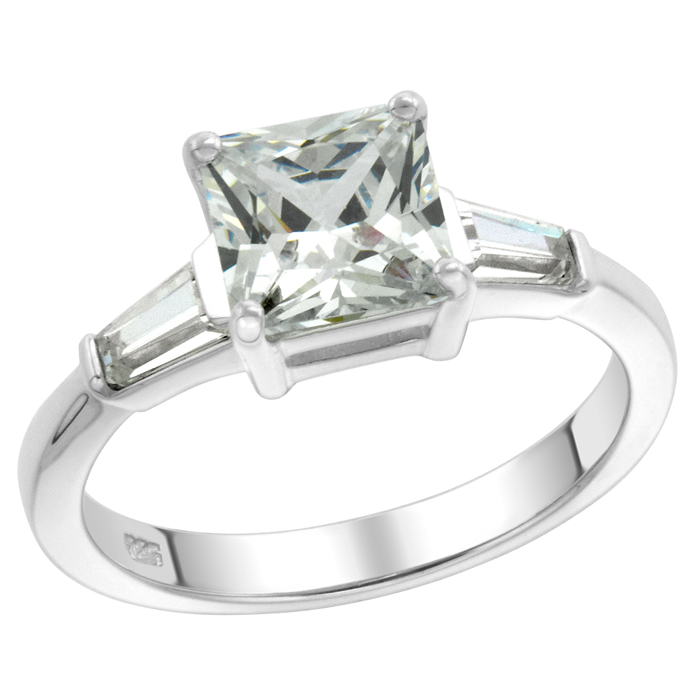 STERLING SILVER CZ TAPERED BAGUETTE 3-STONE PRINCESS CUT ENGAGEMENT RING FOR WOMEN 2 CT SIZES 6-10