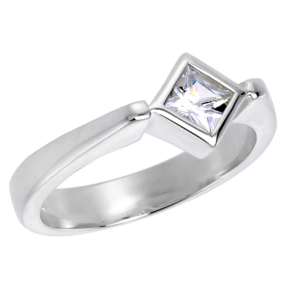 STERLING SILVER CUBIC ZIRCONIA 5MM PRINCESS CUT SOLITAIRE ENGAGEMENT RING FOR WOMEN BEZEL SET SIZES 6-10