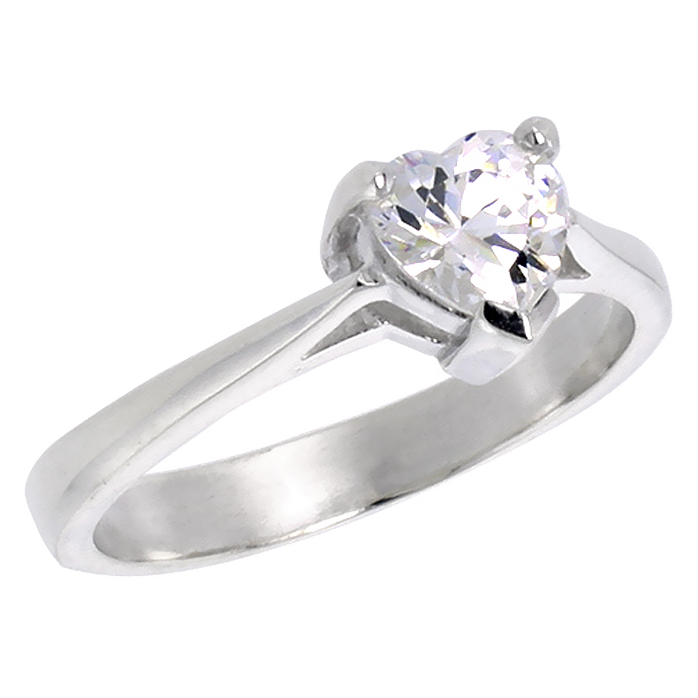 STERLING SILVER CUBIC ZIRCONIA 5MM HEART SHAPE SOLITAIRE ENGAGEMENT RING FOR WOMEN 3/4 CT SIZES 6-10
