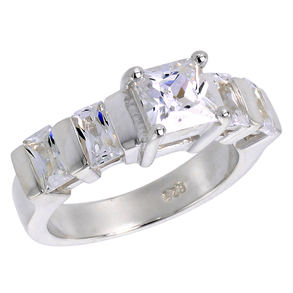 Sterling Silver CZ 7X5mm Emerald Cut 5-stone Engagement Ring Women 1/4 inch wide, sizes 6-10