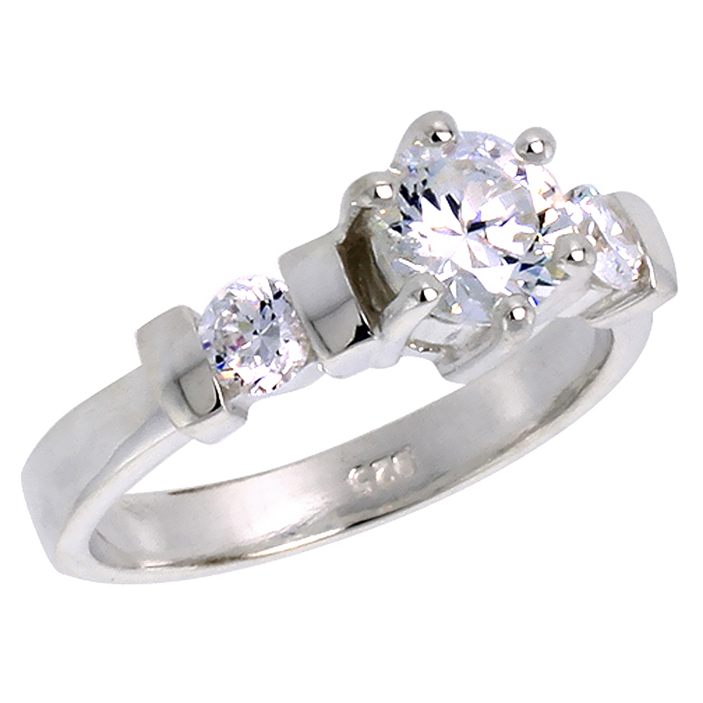 Sterling Silver CZ 7mm Brilliant Cut 3-stone Engagement Ring Women 1/4 inch wide, sizes 6-10