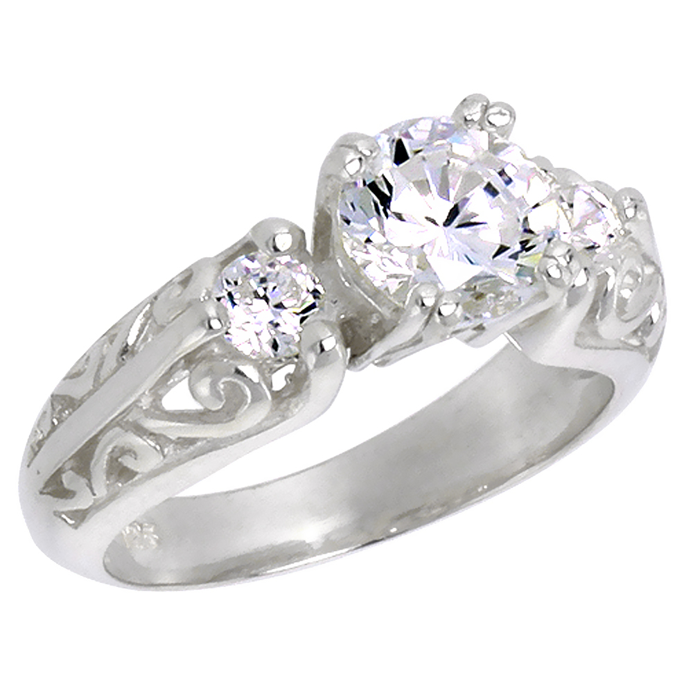 STERLING SILVER CZ 7MM BRILLIANT CUT 3-STONE ENGAGEMENT RING WOMEN VINTAGE STYLE 1/4 INCH WIDE SIZES 6-10