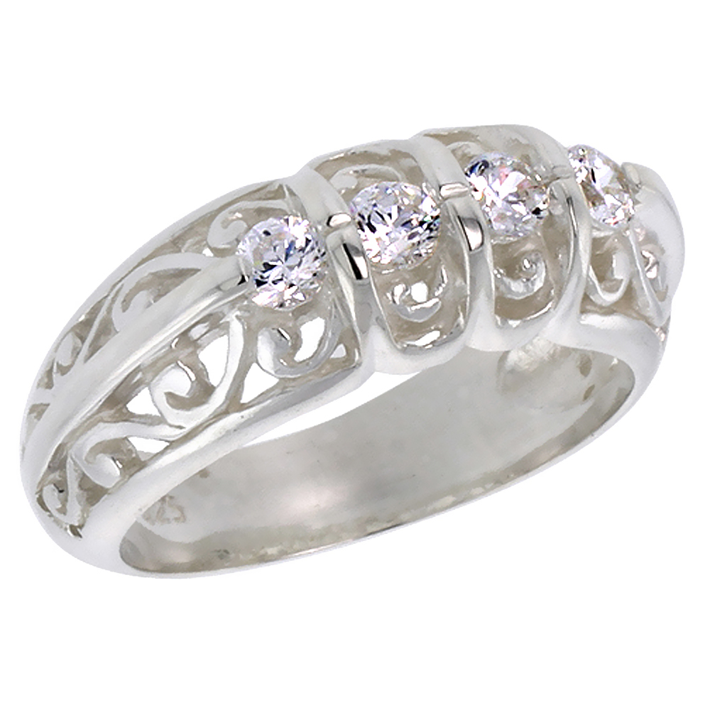 STERLING SILVER CZ 3MM BRILLIANT CUT 4-STONE ENGAGEMENT RING WOMEN FILIGREE SHANK 5/16 INCH WIDE SIZES 6-10