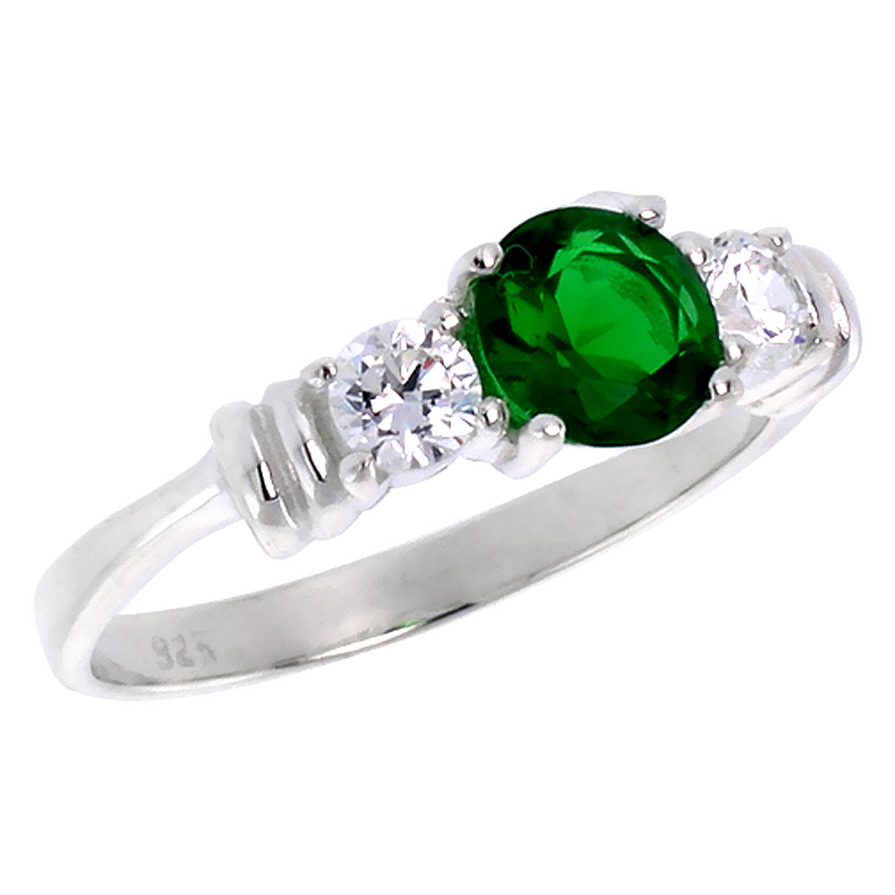 STERLING SILVER CUBIC ZIRCONIA 3-STONE ENGAGEMENT RING EMERALD CENTER SIZES 6 - 10