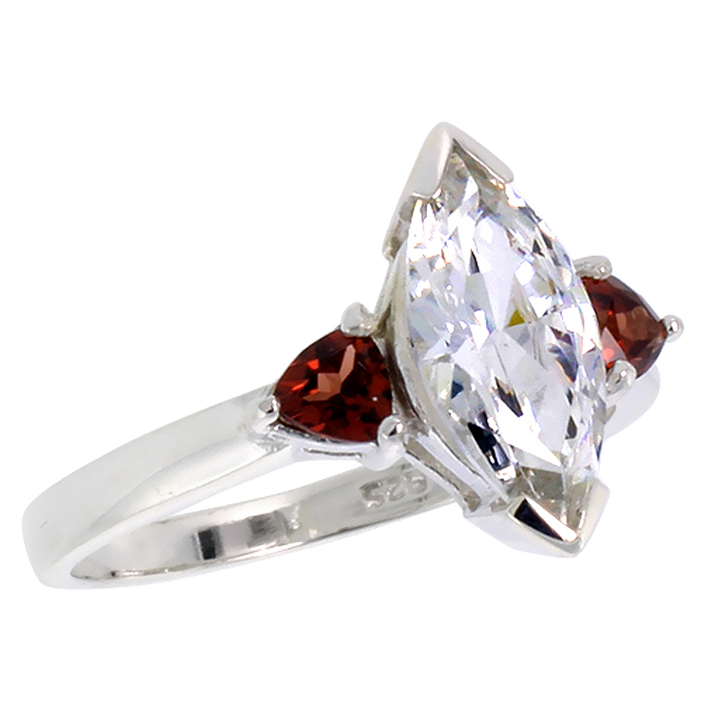 STERLING SILVER CUBIC ZIRCONIA MARQUIS ENGAGEMENT RING GARNET HEART SIDE STONES SIZES 6 - 10