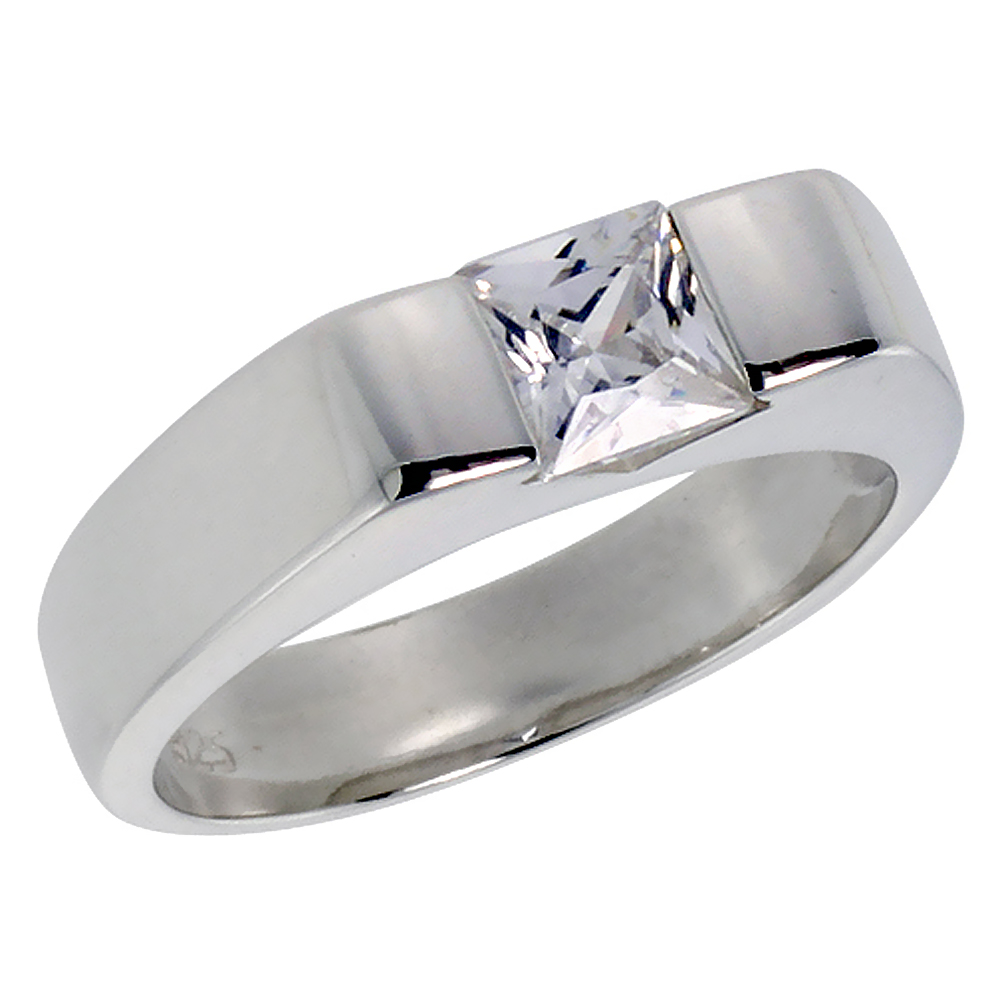 STERLING SILVER CUBIC ZIRCONIA SOLITAIRE RING PRINCESS CUT 3/4 CT SIZES 6 - 10