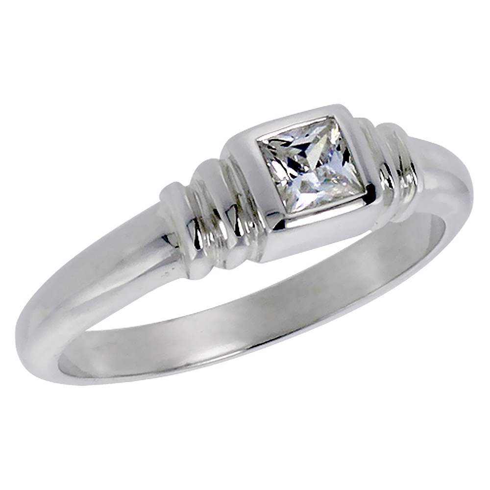 Sterling Silver Cubic Zirconia Solitaire Ring Bezel Set Princess Cut 1/3 ct, sizes 6 - 10