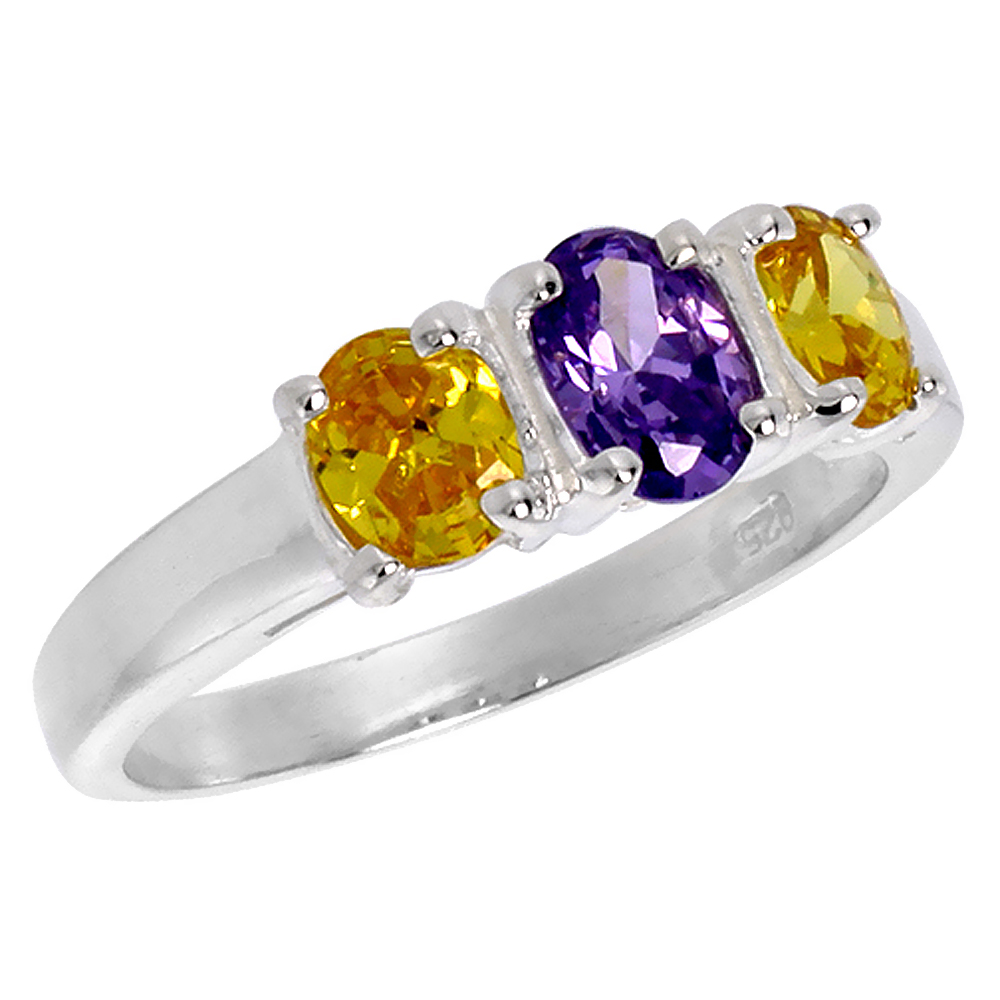 STERLING SILVER CUBIC ZIRCONIA 3-STONE RING AMETHYST & CITRINE COLOR SIZES 6 - 10