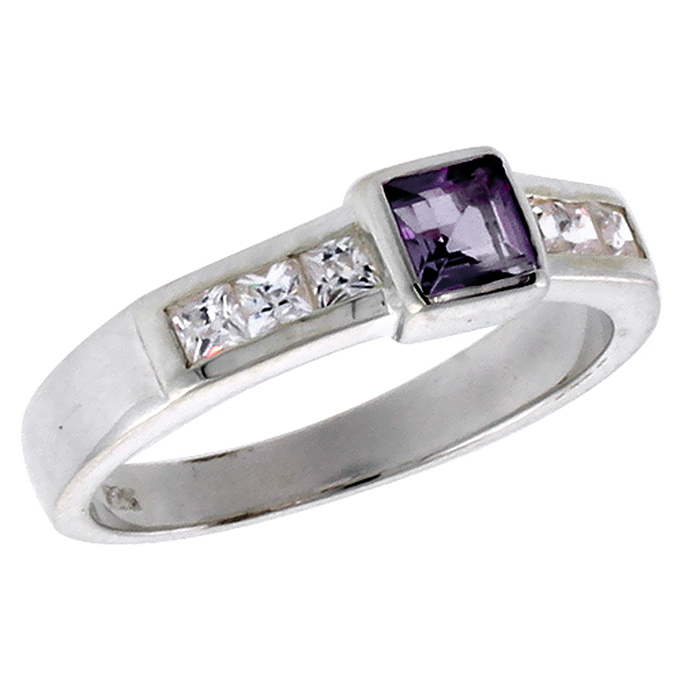 STERLING SILVER AMETHYST CUBIC ZIRCONIA RING PRINCESS CUT 0.40 CT SIZE SIZES 6 - 10