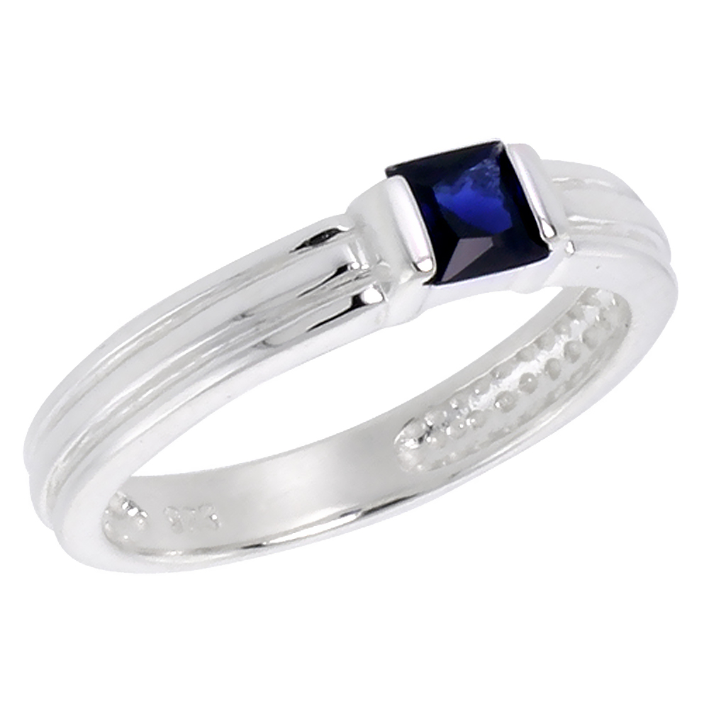 Sterling Silver Blue Sapphire Cubic Zirconia Stack Ring Princess Cut 0.40 ct, sizes 6 - 10