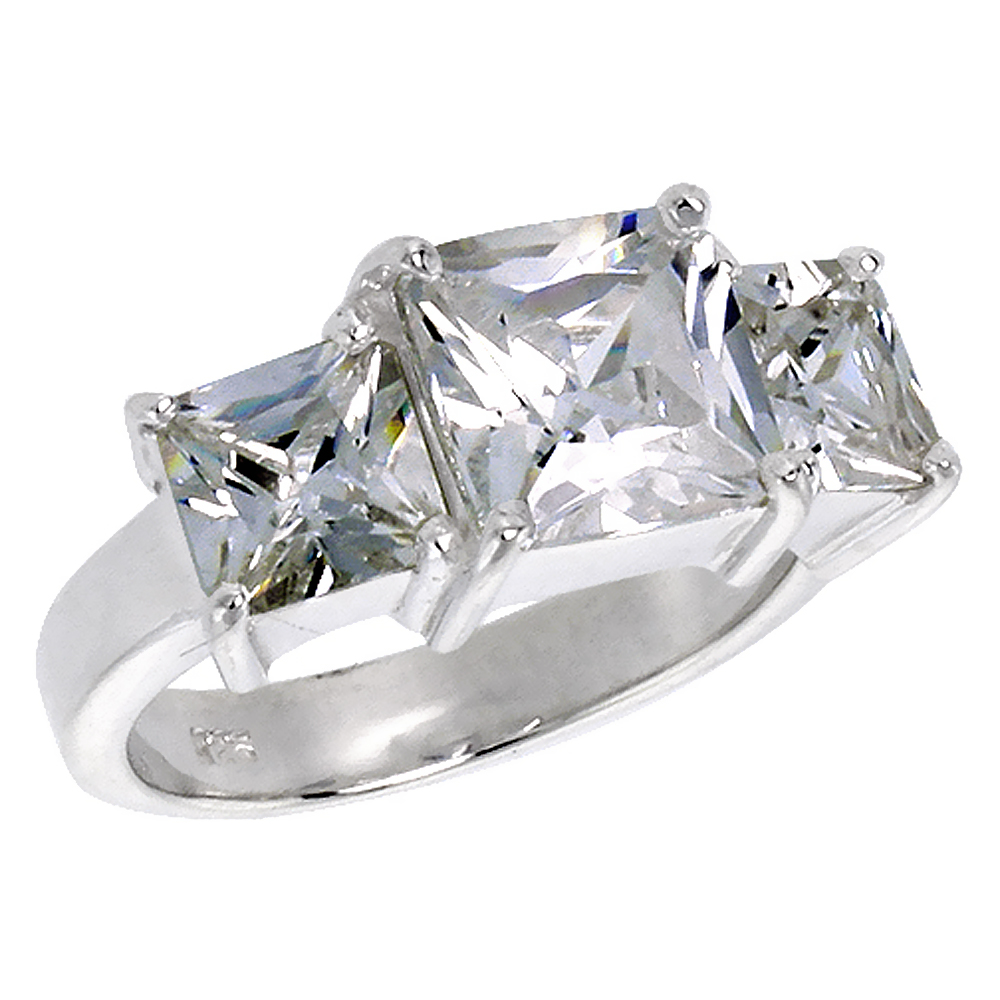 STERLING SILVER CUBIC ZIRCONIA PRINCESS CUT 3-STONE RING 3 CT CENTER SIZES 6 - 10