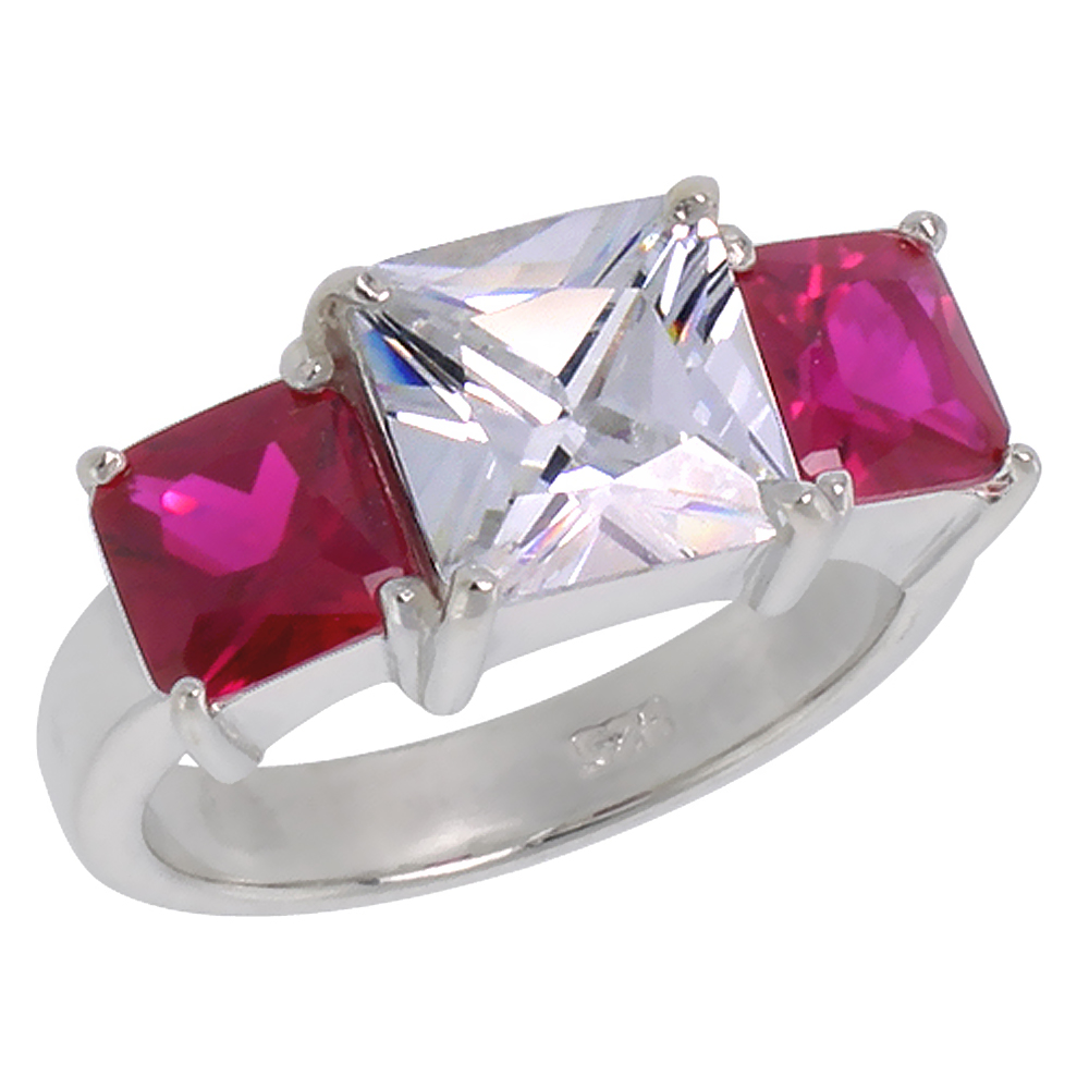 STERLING SILVER CUBIC ZIRCONIA PRINCESS CUT 3-STONE RING 3 CT CENTER RUBY SIDE STONES SIZES 6 - 10