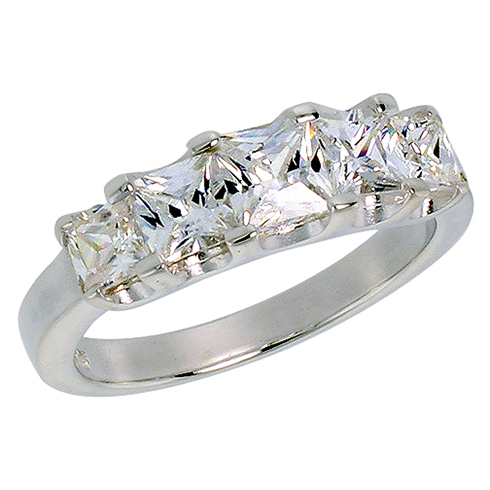Sterling Silver Cubic Zirconia Princess Cut 5-Stone Band Ring 1/2 ct center, sizes 6 - 10
