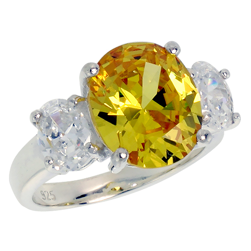 Sterling Silver Citrine Cubic Zirconia 3-Stone Engagement Ring Oval 5 ct center, sizes 6 - 10