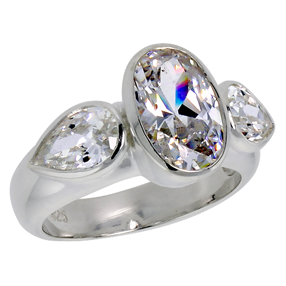 Sterling Silver Cubic Zirconia 3-Stone Ring Oval 4 ct Center Teardrop Side stones Bezel Set sizes 6 - 10