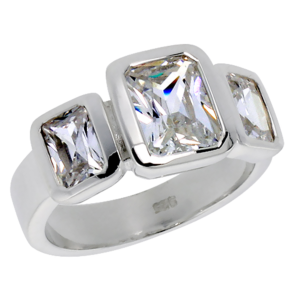 Sterling Silver Cubic Zirconia 3-Stone Ring Emerald Cut 1.2 ct Center Bezel Set, sizes 6 - 10