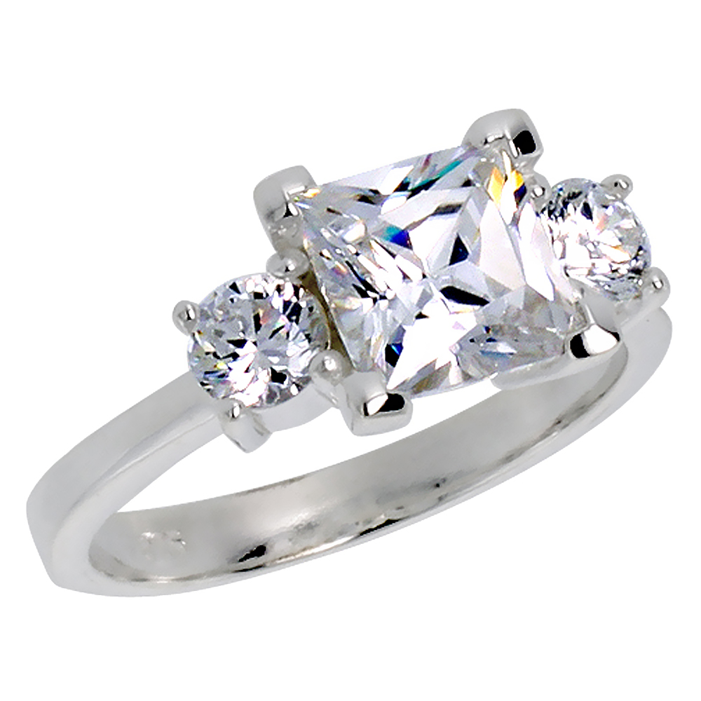 Sterling Silver Cubic Zirconia 3-Stone Engagement Ring Princess Cut 2 ct Center, sizes 6 - 10