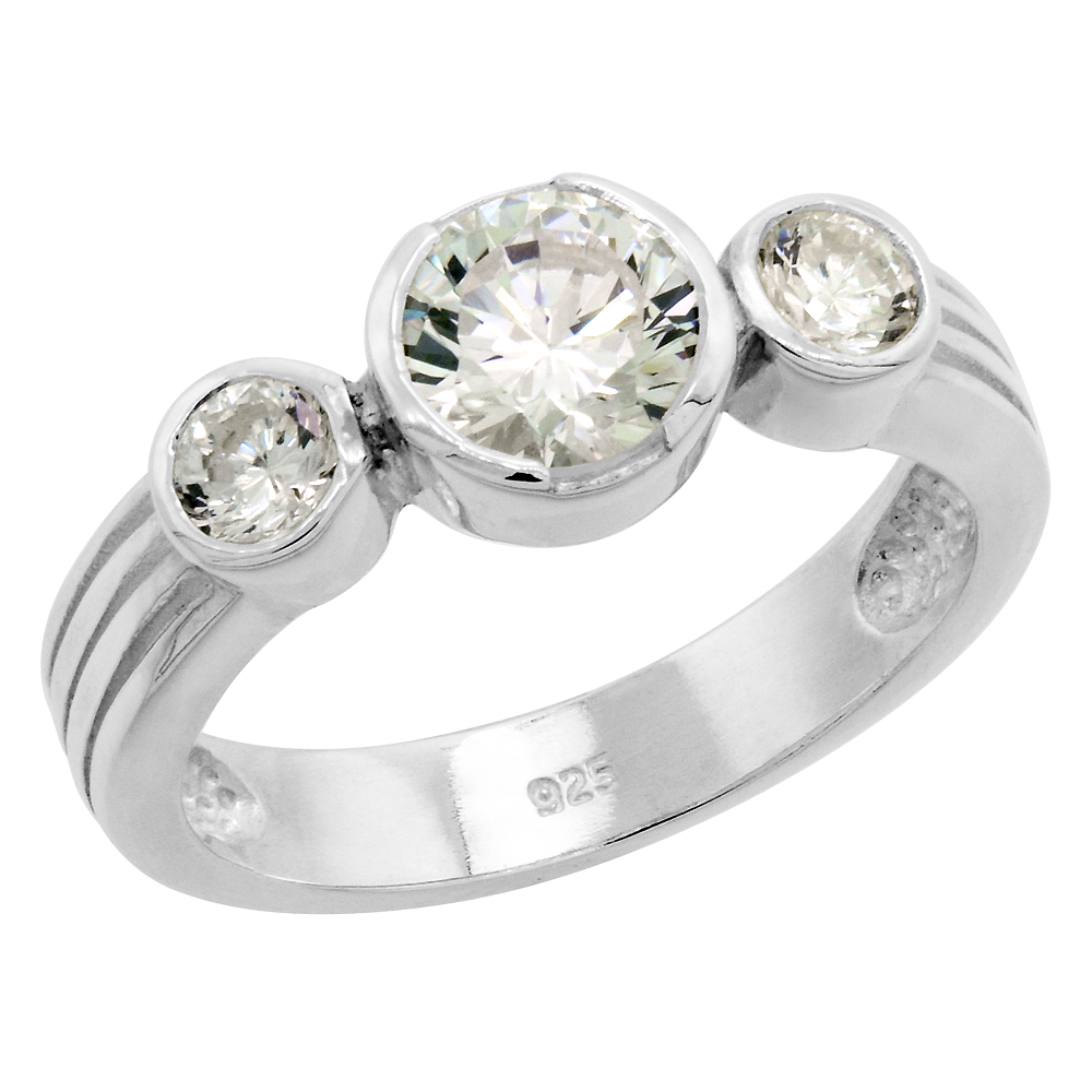 Sterling Silver Cubic Zirconia 3-Stone Ring Brilliant Cut 1 ct Center Bezel Set Grooved Shank sizes 6 - 10