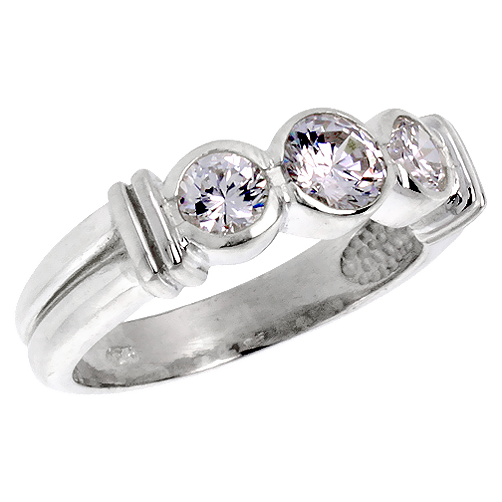 Sterling Silver Cubic Zirconia 3-Stone Ring Brilliant Cut 1/2 ct stones Bezel Set, sizes 6 - 10