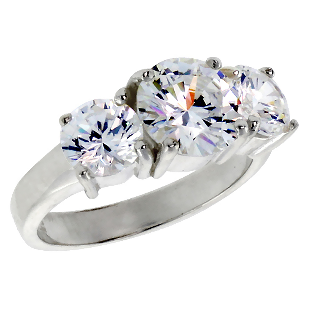 STERLING SILVER CUBIC ZIRCONIA 3-STONE RING FOR WOMEN BRILLIANT CUT 2 CT CENTER SIZES 6 - 10