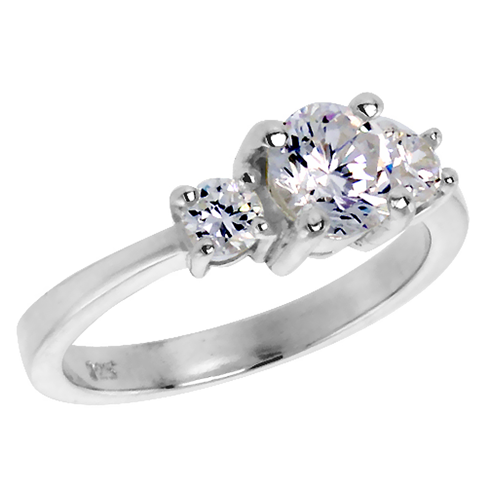 STERLING SILVER CUBIC ZIRCONIA 3-STONE RING FOR WOMEN BRILLIANT CUT 1 CT CENTER SIZES 6 - 10