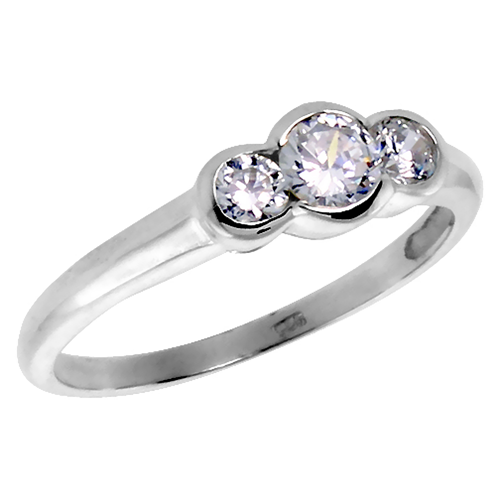 Sterling Silver Cubic Zirconia 3-Stone Ring Brilliant Cut 1/4 ct Center Half-Bezel Set, sizes 6 - 10