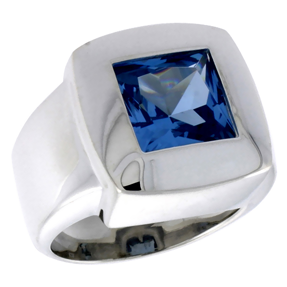 Sterling Silver Blue Topaz Cubic Zirconia Solitaire Ring Princess Cut 4 ct, sizes 6 - 10