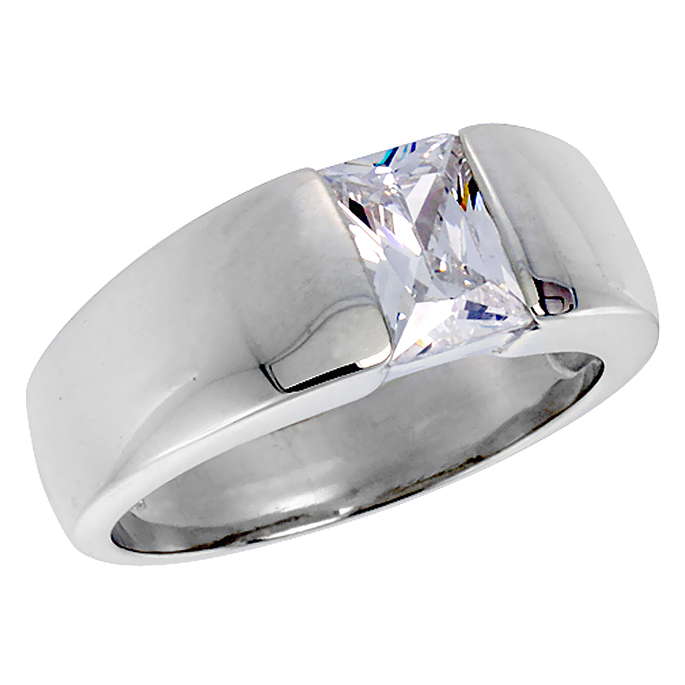 MENS STERLING SILVER CUBIC ZIRCONIA SOLITAIRE RING FOR WOMEN EMERALD CUT 1.5 CT SIZES 8 TO 13