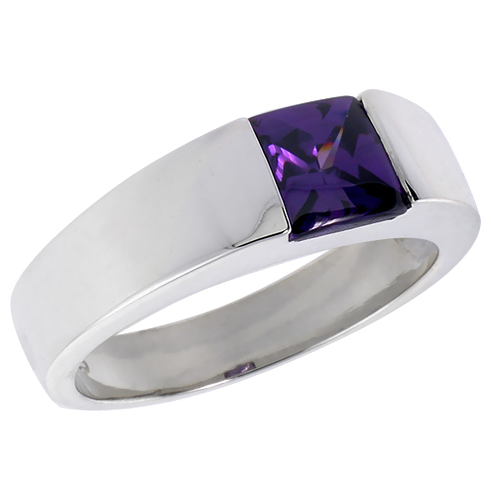 Mens Sterling Silver Amethyst CZ Solitaire Ring Princess Cut 2 ct size, sizes 8 to 13