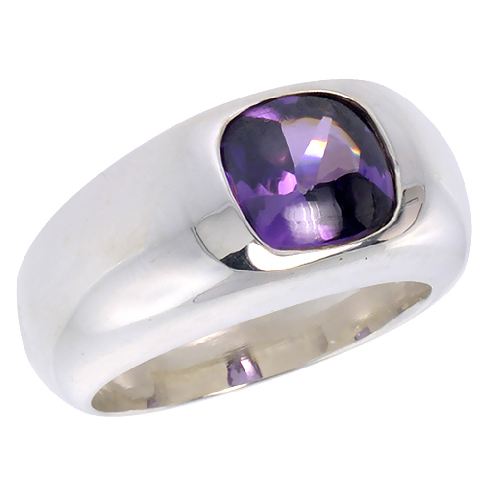 Sterling Silver Amethyst CZ Solitaire Ring Cushion Cut 1.9 ct, sizes 6 to 13