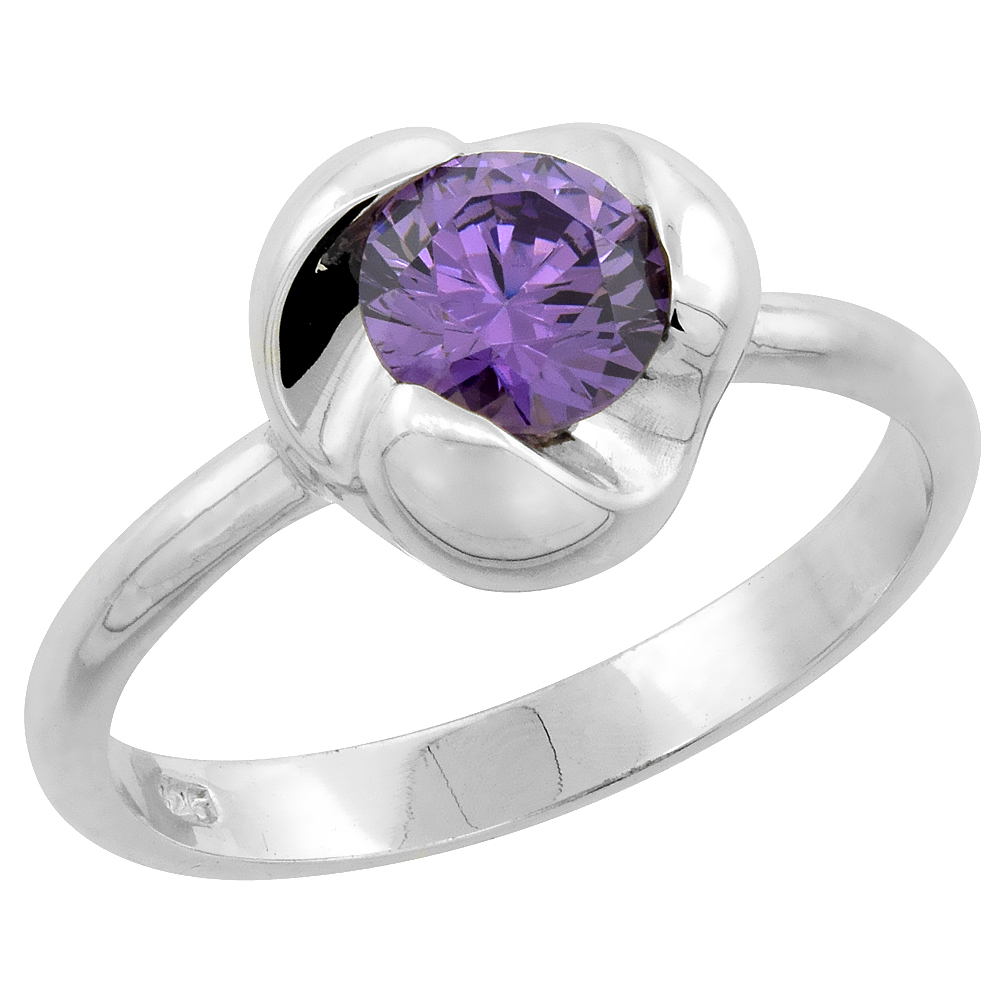 Sterling Silver Amethyst Cubic Zirconia Solitaire Ring Flower Setting, sizes 6 - 10