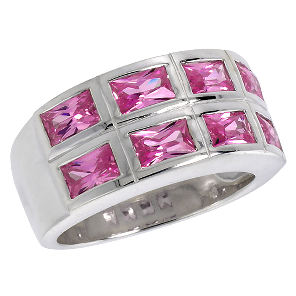 STERLING SILVER PINK TOURMALINE CZ RING FOR WOMEN 2-ROW EMERALD CUT SIZES 6 - 10