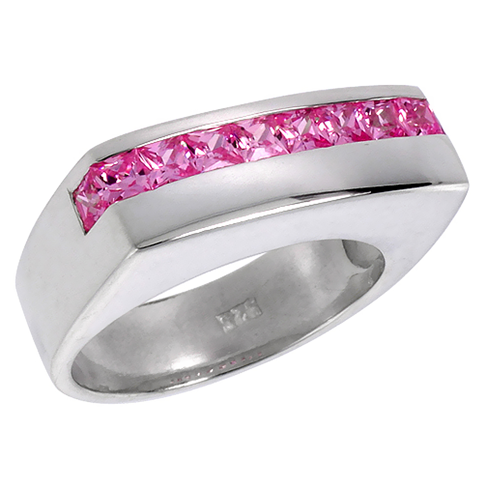 STERLING SILVER PINK TOURMALINE CUBIC ZIRCONIA RING FOR WOMEN PRINCESS CUT CHANNEL SET SIZES 6 - 10